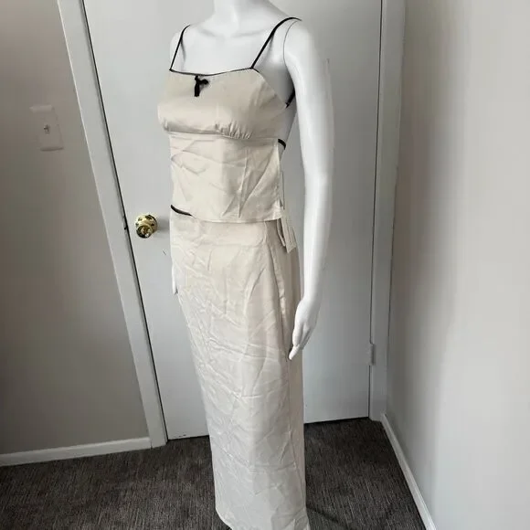 Commense Satin Elegant beige Spaghetti Straps and Bow Detail Maxi Skirt set S - Picture 14 of 15